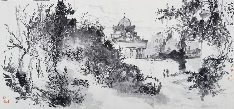台山明月村洋楼（纸本）74X34cm，杨东升.jpg